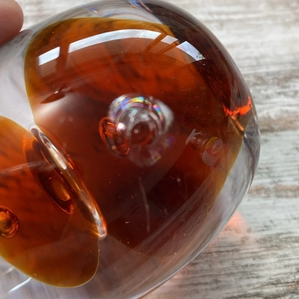 Vintage Amber Art Glass Teardrop Paperweight Murano Style Controlled Bubble